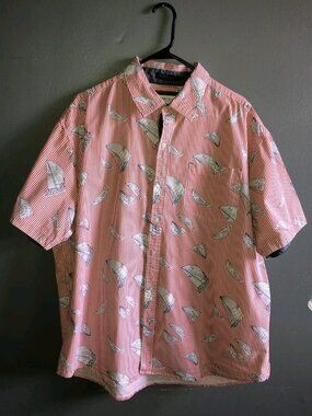 VTG Oxford Blue Mens Red White Striped Nautical Sailboat Button Up Shirt 2XL